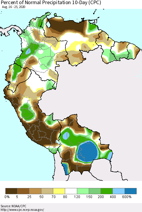 Northern South America Percent of Normal Precipitation 10-Day (CPC) Thematic Map For 8/16/2020 - 8/25/2020
