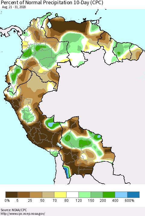 Northern South America Percent of Normal Precipitation 10-Day (CPC) Thematic Map For 8/21/2020 - 8/31/2020