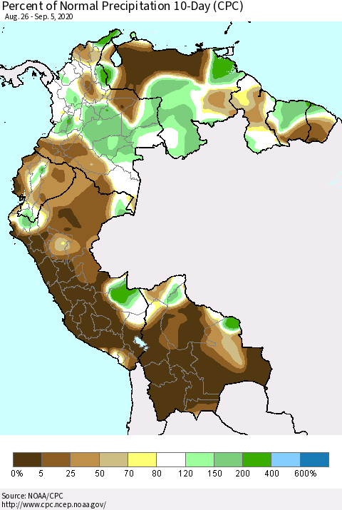 Northern South America Percent of Normal Precipitation 10-Day (CPC) Thematic Map For 8/26/2020 - 9/5/2020