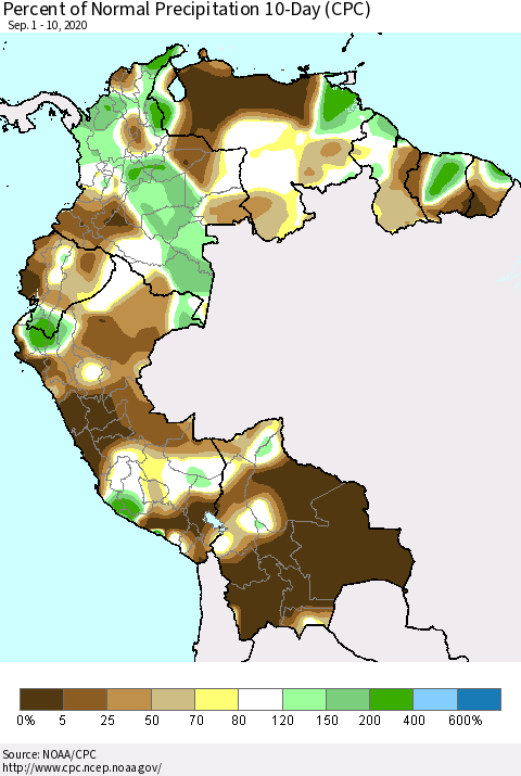 Northern South America Percent of Normal Precipitation 10-Day (CPC) Thematic Map For 9/1/2020 - 9/10/2020
