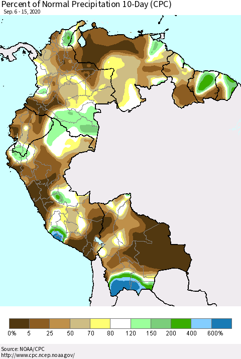 Northern South America Percent of Normal Precipitation 10-Day (CPC) Thematic Map For 9/6/2020 - 9/15/2020