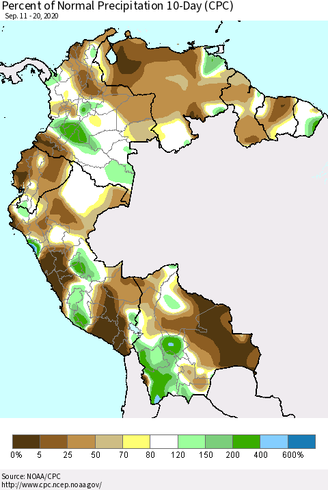 Northern South America Percent of Normal Precipitation 10-Day (CPC) Thematic Map For 9/11/2020 - 9/20/2020