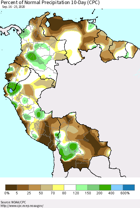 Northern South America Percent of Normal Precipitation 10-Day (CPC) Thematic Map For 9/16/2020 - 9/25/2020