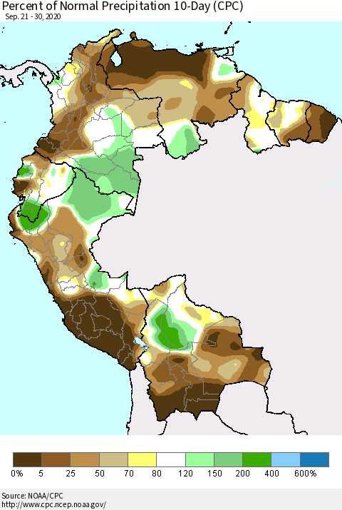 Northern South America Percent of Normal Precipitation 10-Day (CPC) Thematic Map For 9/21/2020 - 9/30/2020
