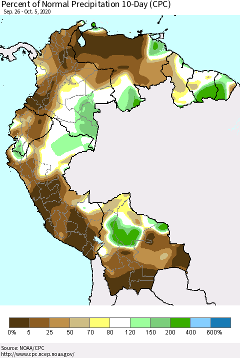 Northern South America Percent of Normal Precipitation 10-Day (CPC) Thematic Map For 9/26/2020 - 10/5/2020