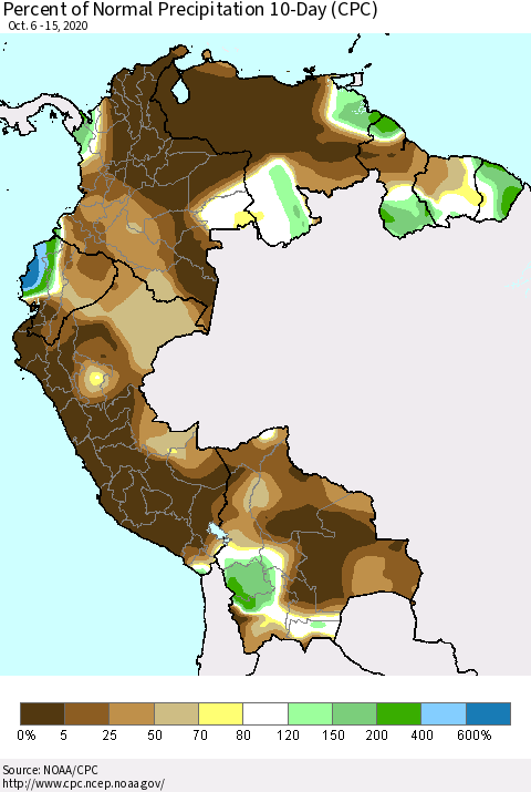 Northern South America Percent of Normal Precipitation 10-Day (CPC) Thematic Map For 10/6/2020 - 10/15/2020