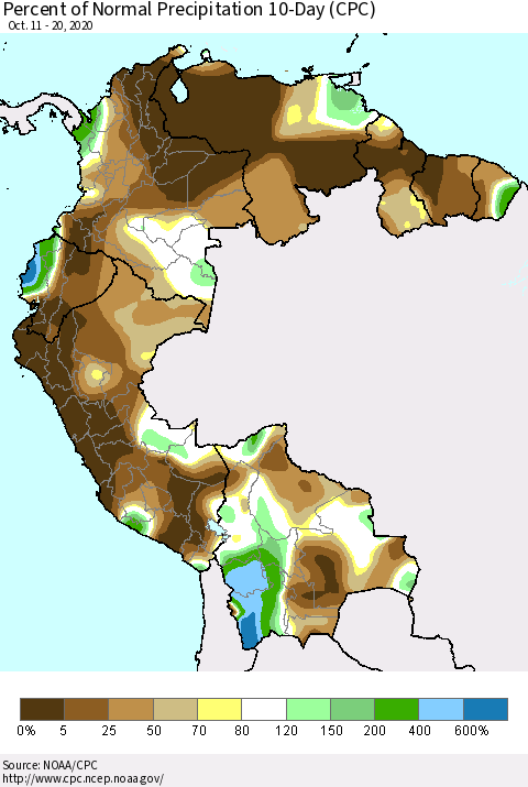 Northern South America Percent of Normal Precipitation 10-Day (CPC) Thematic Map For 10/11/2020 - 10/20/2020