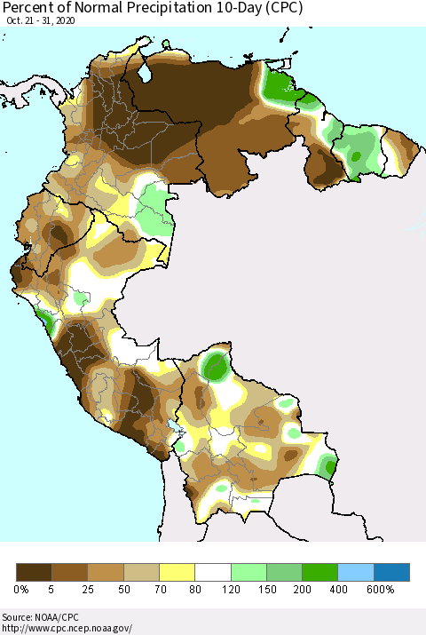 Northern South America Percent of Normal Precipitation 10-Day (CPC) Thematic Map For 10/21/2020 - 10/31/2020