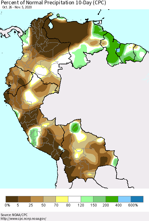 Northern South America Percent of Normal Precipitation 10-Day (CPC) Thematic Map For 10/26/2020 - 11/5/2020