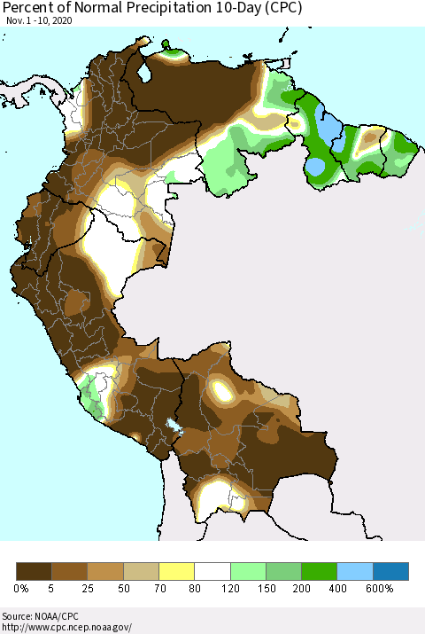 Northern South America Percent of Normal Precipitation 10-Day (CPC) Thematic Map For 11/1/2020 - 11/10/2020