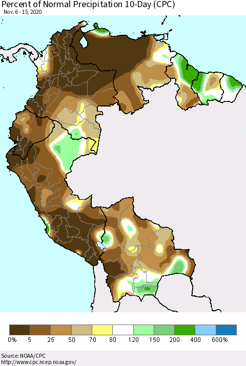 Northern South America Percent of Normal Precipitation 10-Day (CPC) Thematic Map For 11/6/2020 - 11/15/2020