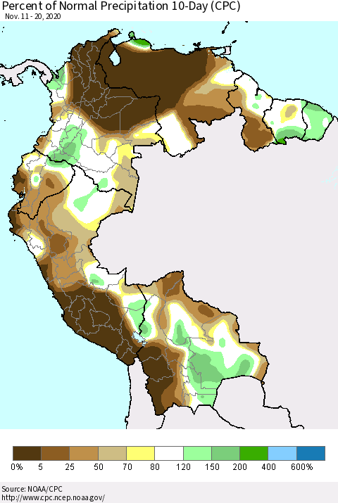 Northern South America Percent of Normal Precipitation 10-Day (CPC) Thematic Map For 11/11/2020 - 11/20/2020