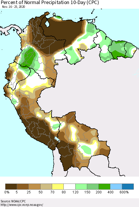 Northern South America Percent of Normal Precipitation 10-Day (CPC) Thematic Map For 11/16/2020 - 11/25/2020