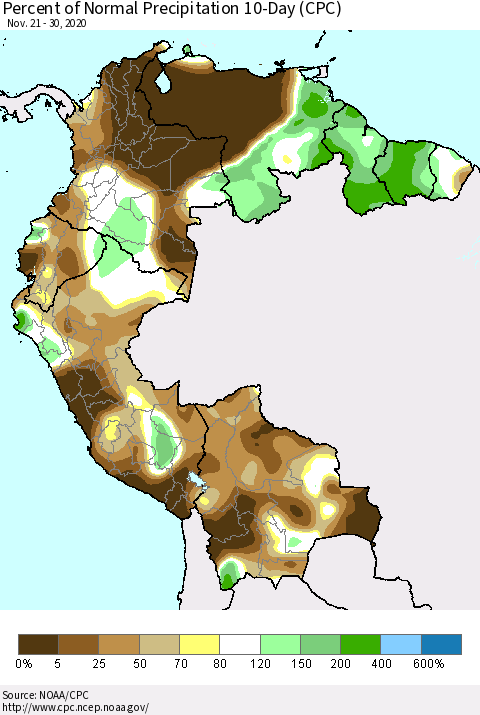 Northern South America Percent of Normal Precipitation 10-Day (CPC) Thematic Map For 11/21/2020 - 11/30/2020