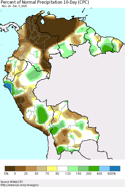 Northern South America Percent of Normal Precipitation 10-Day (CPC) Thematic Map For 11/26/2020 - 12/5/2020