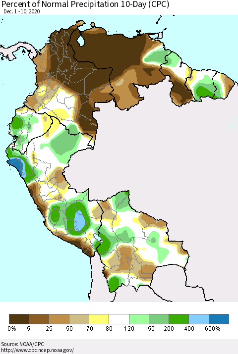 Northern South America Percent of Normal Precipitation 10-Day (CPC) Thematic Map For 12/1/2020 - 12/10/2020