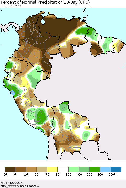 Northern South America Percent of Normal Precipitation 10-Day (CPC) Thematic Map For 12/6/2020 - 12/15/2020