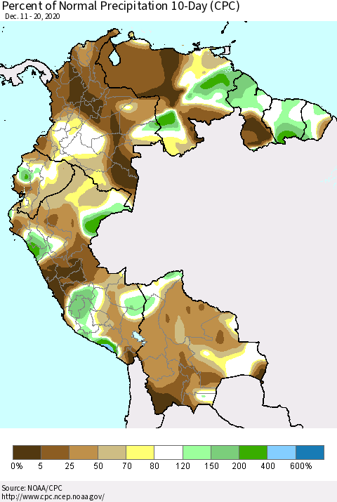 Northern South America Percent of Normal Precipitation 10-Day (CPC) Thematic Map For 12/11/2020 - 12/20/2020