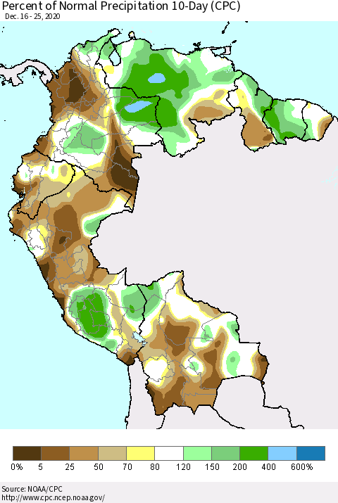 Northern South America Percent of Normal Precipitation 10-Day (CPC) Thematic Map For 12/16/2020 - 12/25/2020