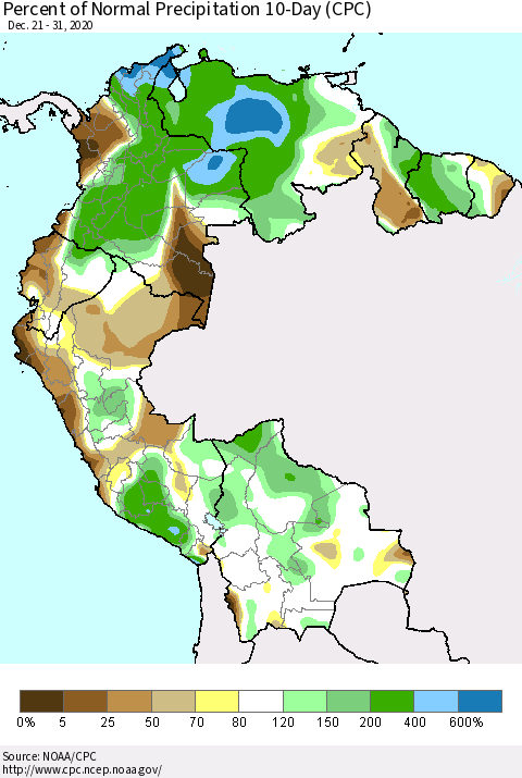 Northern South America Percent of Normal Precipitation 10-Day (CPC) Thematic Map For 12/21/2020 - 12/31/2020