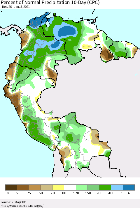 Northern South America Percent of Normal Precipitation 10-Day (CPC) Thematic Map For 12/26/2020 - 1/5/2021