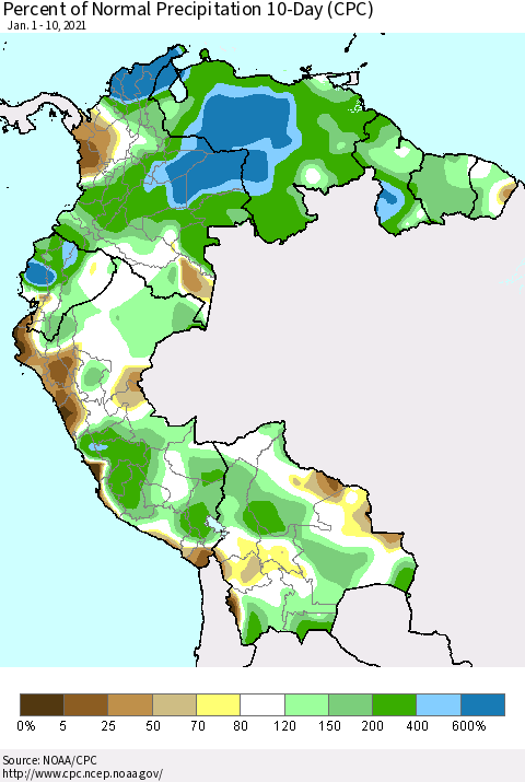 Northern South America Percent of Normal Precipitation 10-Day (CPC) Thematic Map For 1/1/2021 - 1/10/2021