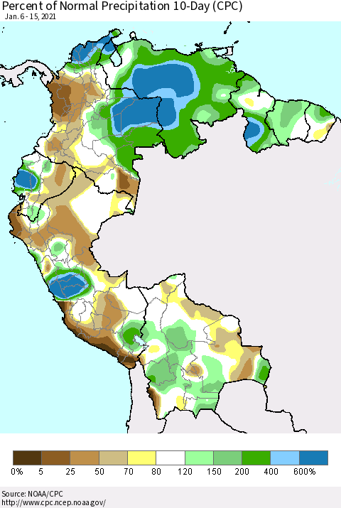 Northern South America Percent of Normal Precipitation 10-Day (CPC) Thematic Map For 1/6/2021 - 1/15/2021