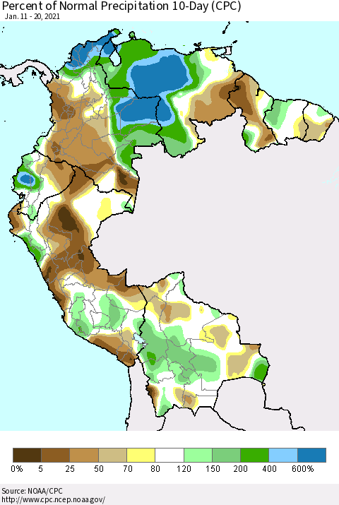 Northern South America Percent of Normal Precipitation 10-Day (CPC) Thematic Map For 1/11/2021 - 1/20/2021