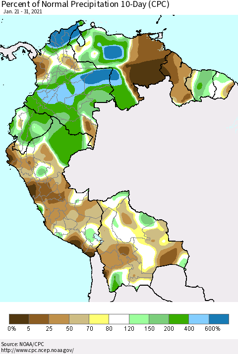 Northern South America Percent of Normal Precipitation 10-Day (CPC) Thematic Map For 1/21/2021 - 1/31/2021