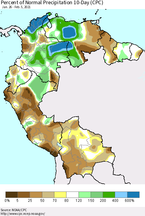 Northern South America Percent of Normal Precipitation 10-Day (CPC) Thematic Map For 1/26/2021 - 2/5/2021