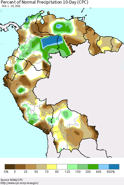 Northern South America Percent of Normal Precipitation 10-Day (CPC) Thematic Map For 2/1/2021 - 2/10/2021