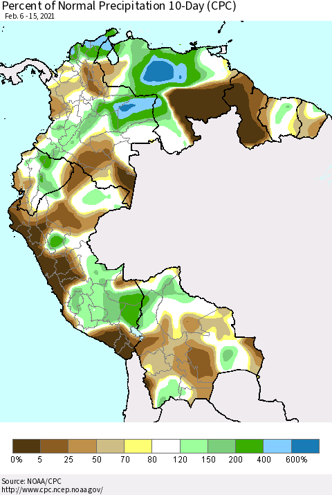 Northern South America Percent of Normal Precipitation 10-Day (CPC) Thematic Map For 2/6/2021 - 2/15/2021