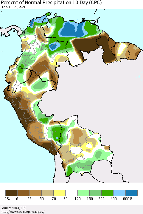 Northern South America Percent of Normal Precipitation 10-Day (CPC) Thematic Map For 2/11/2021 - 2/20/2021