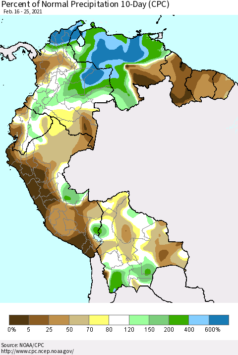 Northern South America Percent of Normal Precipitation 10-Day (CPC) Thematic Map For 2/16/2021 - 2/25/2021