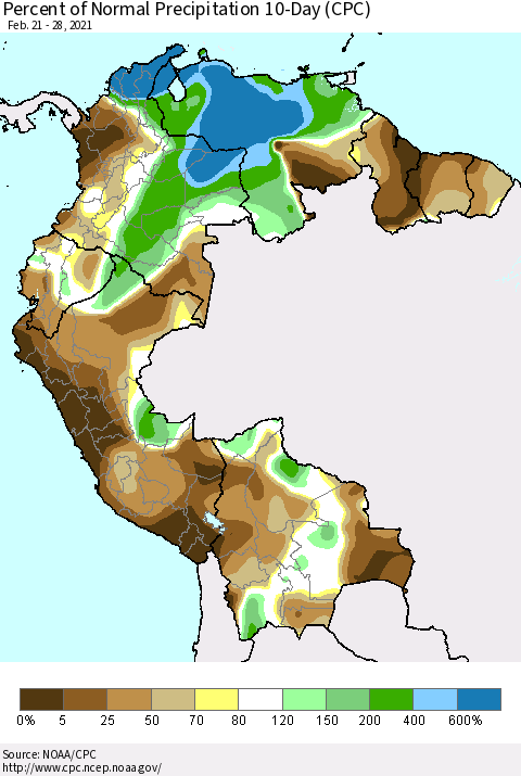 Northern South America Percent of Normal Precipitation 10-Day (CPC) Thematic Map For 2/21/2021 - 2/28/2021