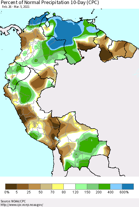 Northern South America Percent of Normal Precipitation 10-Day (CPC) Thematic Map For 2/26/2021 - 3/5/2021
