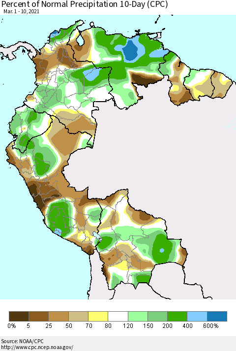Northern South America Percent of Normal Precipitation 10-Day (CPC) Thematic Map For 3/1/2021 - 3/10/2021