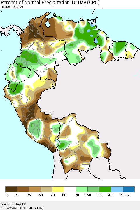 Northern South America Percent of Normal Precipitation 10-Day (CPC) Thematic Map For 3/6/2021 - 3/15/2021