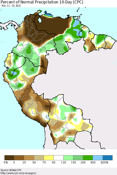 Northern South America Percent of Normal Precipitation 10-Day (CPC) Thematic Map For 3/11/2021 - 3/20/2021