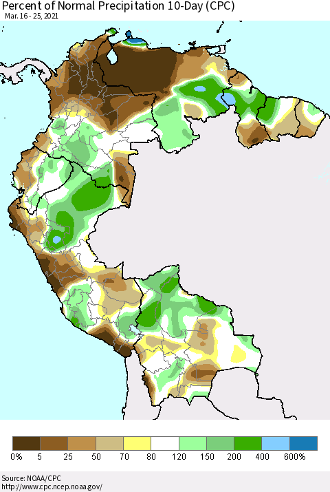 Northern South America Percent of Normal Precipitation 10-Day (CPC) Thematic Map For 3/16/2021 - 3/25/2021