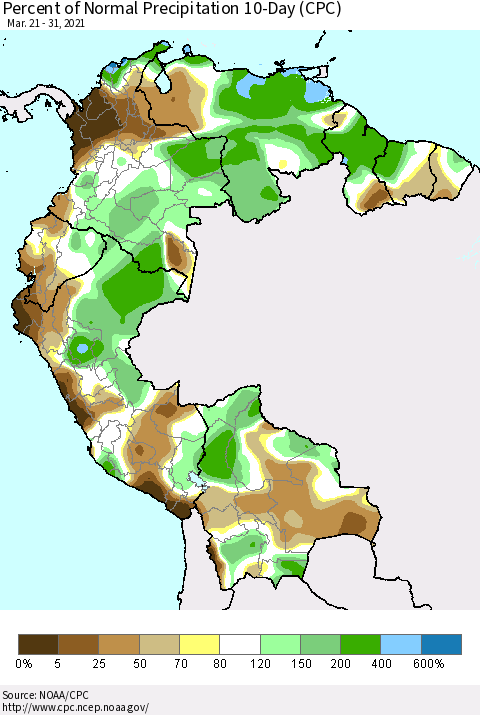 Northern South America Percent of Normal Precipitation 10-Day (CPC) Thematic Map For 3/21/2021 - 3/31/2021