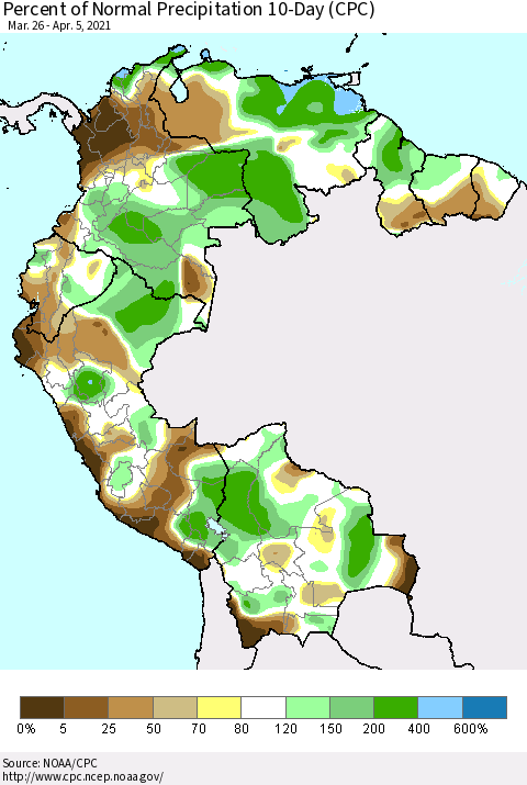 Northern South America Percent of Normal Precipitation 10-Day (CPC) Thematic Map For 3/26/2021 - 4/5/2021