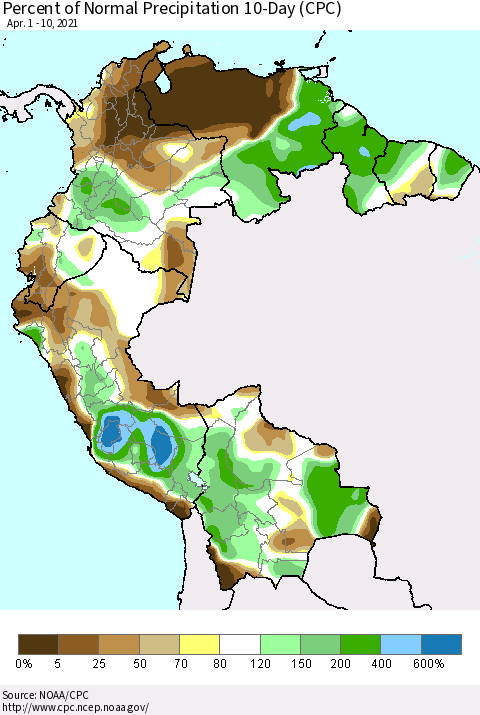Northern South America Percent of Normal Precipitation 10-Day (CPC) Thematic Map For 4/1/2021 - 4/10/2021