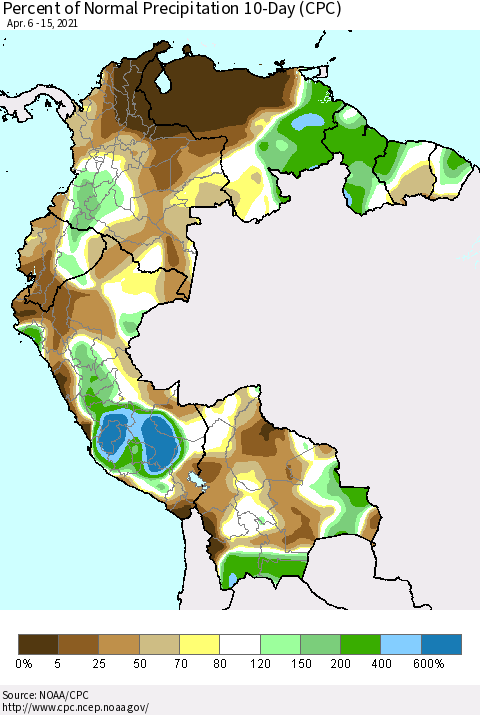 Northern South America Percent of Normal Precipitation 10-Day (CPC) Thematic Map For 4/6/2021 - 4/15/2021