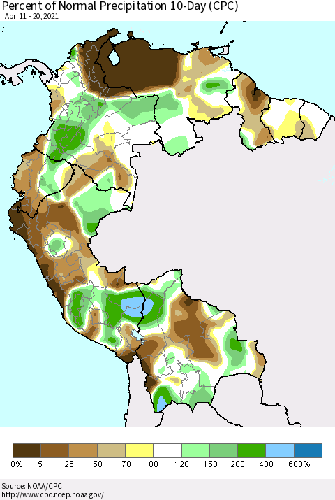 Northern South America Percent of Normal Precipitation 10-Day (CPC) Thematic Map For 4/11/2021 - 4/20/2021