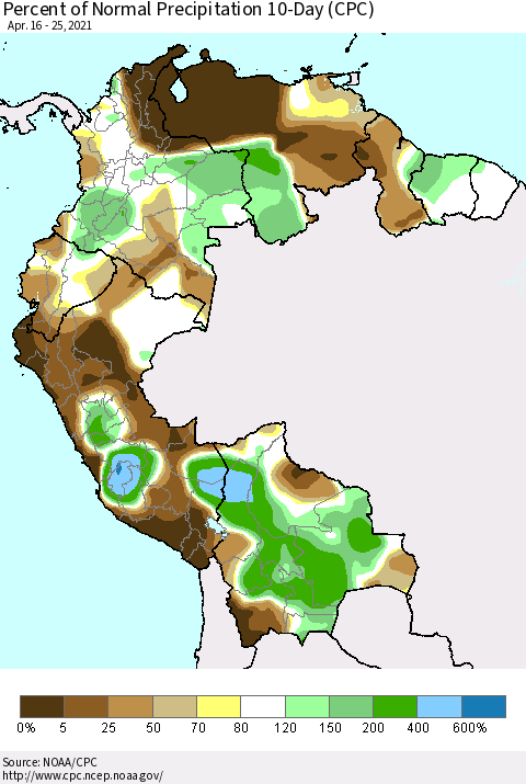 Northern South America Percent of Normal Precipitation 10-Day (CPC) Thematic Map For 4/16/2021 - 4/25/2021