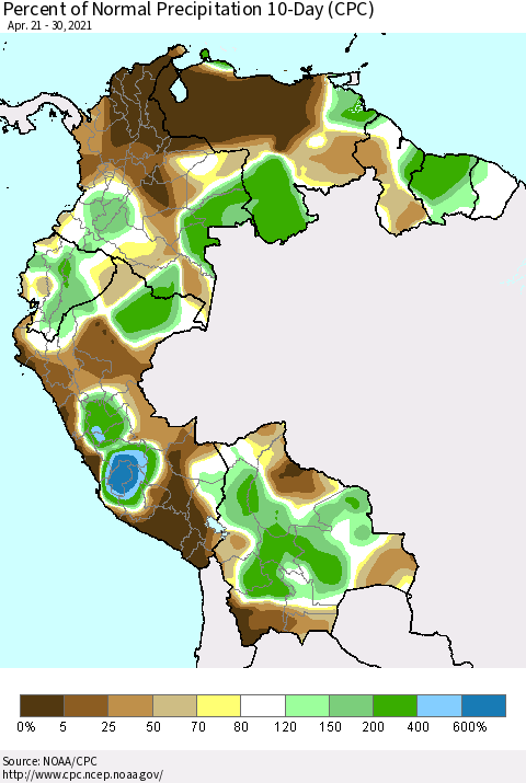 Northern South America Percent of Normal Precipitation 10-Day (CPC) Thematic Map For 4/21/2021 - 4/30/2021