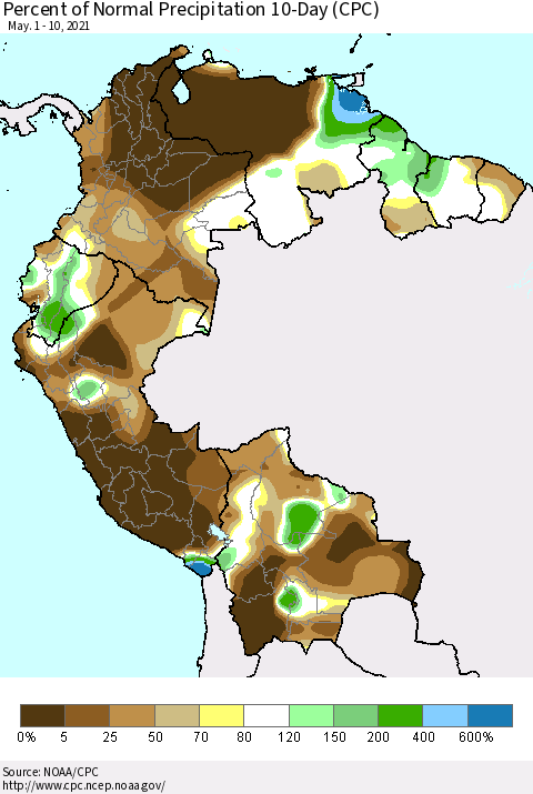 Northern South America Percent of Normal Precipitation 10-Day (CPC) Thematic Map For 5/1/2021 - 5/10/2021