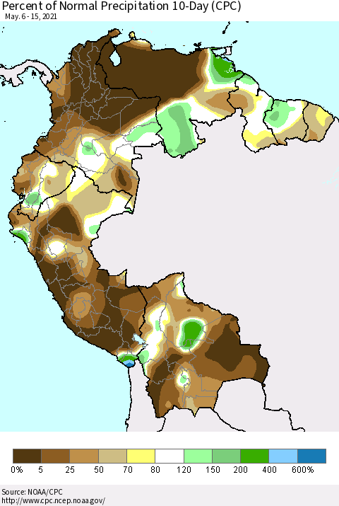 Northern South America Percent of Normal Precipitation 10-Day (CPC) Thematic Map For 5/6/2021 - 5/15/2021