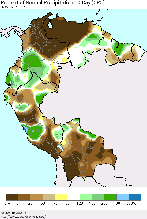 Northern South America Percent of Normal Precipitation 10-Day (CPC) Thematic Map For 5/16/2021 - 5/25/2021